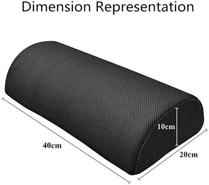 A black, semi-cylindrical cushion labeled "Foot Rest Relaxing Body Pad (Adjustable)" from the brand "Aloha Relax" is shown with dimensions. It measures 40cm in length, 20cm in width, and 10cm in height. The text "Dimension Representation" is displayed at the top of the image. Perfect for stress relief and sleep improvement.