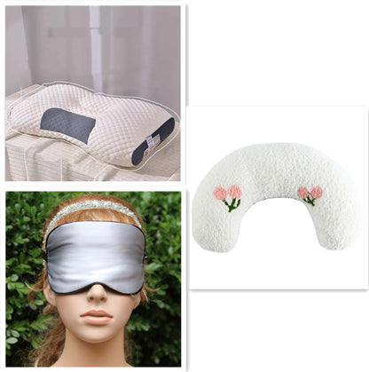 The image showcases a collection of three sleep enhancement items: the Aloha Relax 3D Knitted Cotton Pillow Sleep Aid, featuring an ergonomic design with a raised section for neck support; a plush U-shaped pillow adorned with floral embroidery; and a model wearing a silver eye mask complete with an elastic band, all set against a leafy backdrop.