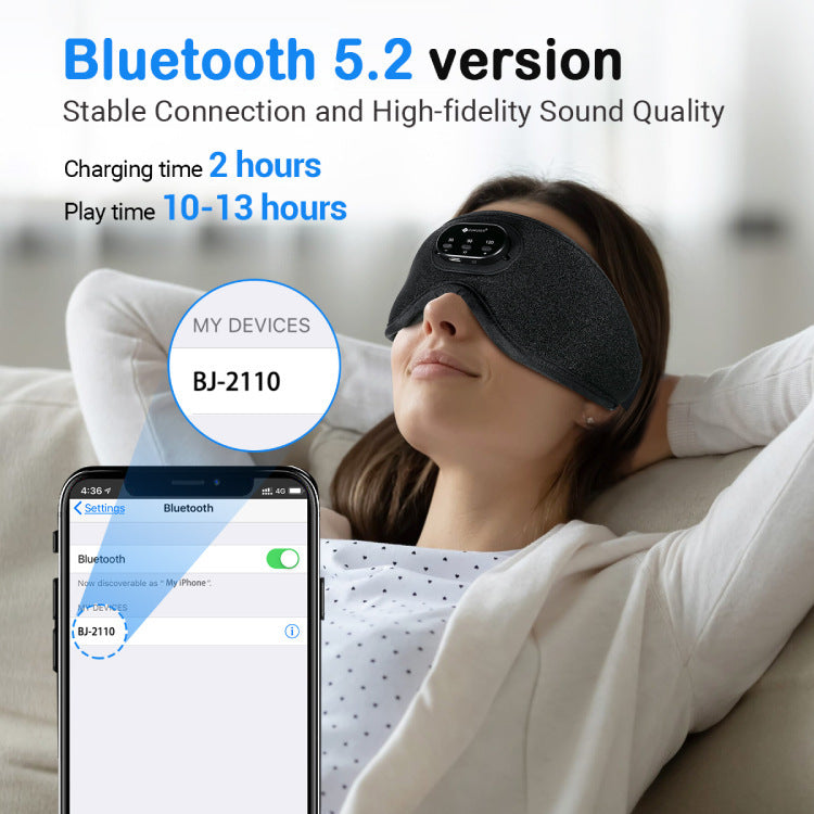 A person is lying on a couch, wearing an Aloha Relax 3D Bluetooth Sleep Mask With Breathable Intelligence for stress relief. Text on the image highlights "Bluetooth 5.2 version," "Charging time 2 hours," and "Play time 10-13 hours." The bottom of the image shows a smartphone screen displaying a Bluetooth device named "BJ-2110".