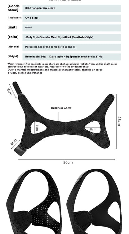 An infographic of the ANTI Snoring Chin Strap Adjustable by Aloha Relax showcases its dimensions: 0.4 cm thickness, 23 cm length, and variable width (8 cm and 5 cm). Weighing a breathable 50g for daily style at 48g, it's crafted from polyester neoprene composite spandex with potential size deviations noted. Ideal for stress relief or sleep improvement.