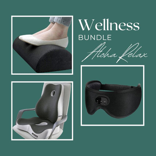 A collage features an adjustable foot rest body pad with a person's feet, a supportive lumbar cushion on a chair, and a comforting hot compress eye mask. The text "Wellness Bundle by Aloha Relax" is displayed against a teal background.