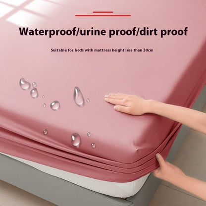 A hand is adjusting an Aloha Relax "Waterproof Mattress Protector Urine Separation Fully Surrounded" in solid pink on a bed. The text reads "Waterproof/urine proof/dirt proof" and indicates it is "Suitable for beds with mattress height less than 30cm." Graphics of water droplets on the surface highlight that it offers complete protection along with your favorite waterproof pillowcase.