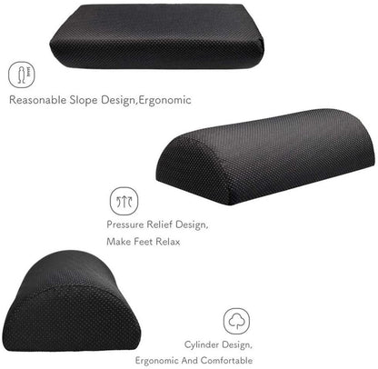 Three black cushioned footrests are displayed, each with distinct shapes and features. The first has a sloped design for ergonomics, the second is from Aloha Relax and provides pressure relief to unwind your feet, and the third has a cylindrical shape promoting sleep improvement with ergonomic comfort.