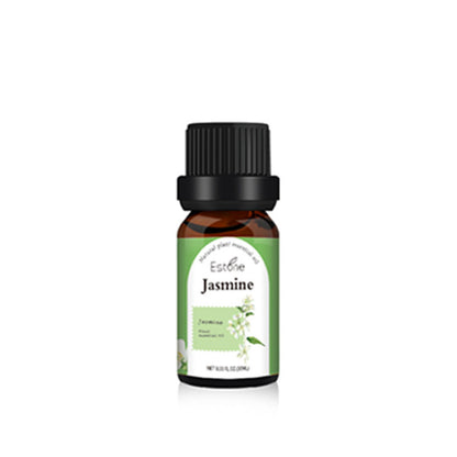 A small dark brown bottle with a black cap labeled "Aloha Relax Jasmine" on a green label. The label features an illustration of jasmine flowers and the text "100% pure plant essential oil," making it perfect for use with the Flame Aroma Diffuser Air Humidifier Ultrasonic Cool Mist Maker Fogger LED Essential Oil Lamp Realistic Fire Difusor to enhance your ambiance.