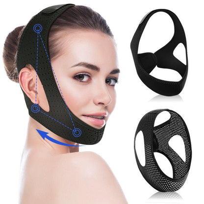 A side view shows a woman wearing Aloha Relax's Adjustable Chin Strap to Reduce Snoring – Breathable & Comfortable. Two additional images on the right highlight its ergonomic design, with blue lines and arrows indicating adjustable points for optimal jaw support and effective snoring reduction.