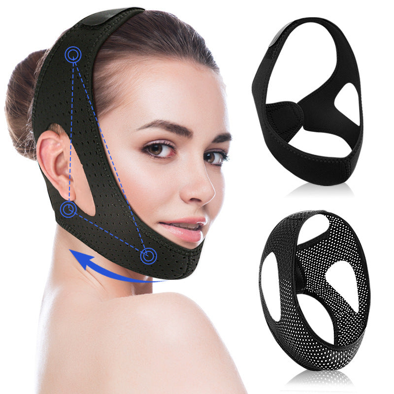 A woman is shown wearing the Aloha Relax ANTI Snoring Chin Strap Adjustable around her head and chin. To the right, there are two separate images of the strap alone, highlighting its design from different angles. Blue arrows and dotted lines indicate the strap's adjustable tightening mechanism, promoting Aloha Relax and stress relief.