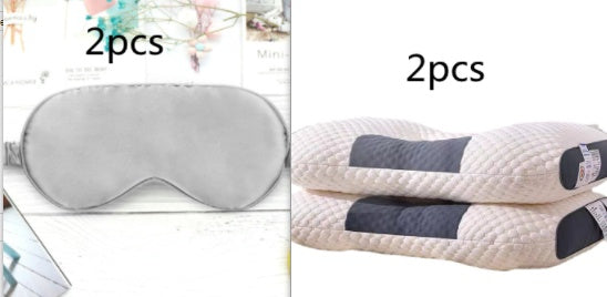 The image showcases two sets of items designed for sleep improvement. On the left, there are two gray sleep masks. On the right, two 3D Knitted Cotton Pillow Sleep Aids in white and black are stacked. Both sets aim to offer stress relief and a sense of relaxation in your bedtime routine under the brand name Aloha Relax.