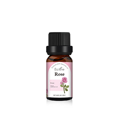 A small amber glass bottle with a black cap, labeled "Aloha Relax Rose." The label features a pink rose illustration and indicates it contains rose essential oil. Perfect for use with the Flame Aroma Diffuser Ultrasonic Cool Mist Maker by Aloha Relax, this 10 ml (0.33 fl oz) bottle infuses your space beautifully, harmonizing with the 7 colors of ambiance lighting seamlessly.