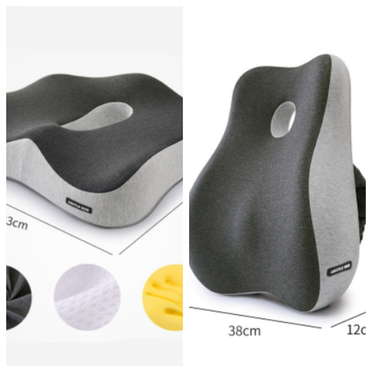 The image shows two ergonomically designed seat cushions aimed at stress relief. The one on the left is a grey and black Aloha Relax seat cushion with a central cutout, measuring 43cm by 33cm by 12cm. The one on the right is a Healthy Lumbar Support Cushion by Aloha Relax with a central hole, measuring 38cm by 12cm.