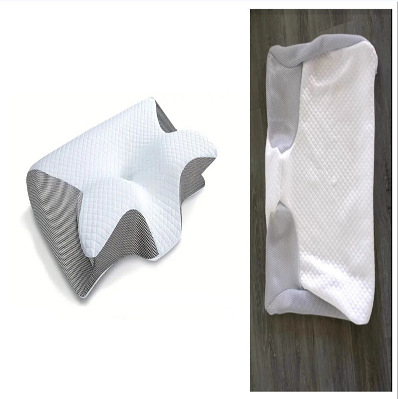 Side-by-side images feature the Aloha Relax Neck Memory Home Sleep Pillow. The left image presents the pillow on a white background, emphasizing its contoured design and mesh sides. The right image captures the memory foam pillow on a dark wooden floor, highlighting its quilted surface.