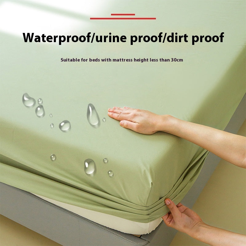 A hand tucks the Aloha Relax Waterproof Mattress Protector Urine Separation Fully Surrounded around a mattress, emphasizing its modern simplicity. This single fitted sheet is labeled as waterproof, urine-proof, and dirt-proof. Water droplets bead on its solid color surface, showing its resistance. It fits mattresses up to 30 cm in height perfectly.