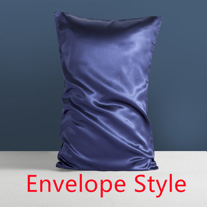 A Double-sided Silk Heavy Sleep Pillowcase from Aloha Relax, crafted in a sleek blue satin with an envelope design against a dark blue background, encapsulates the essence of palace luxury. The bold red text stating "Envelope Style" at the bottom further amplifies the opulence of this mulberry silk bedding.