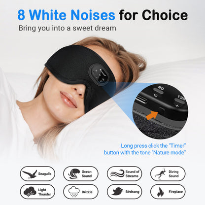 A person lies on a bed wearing an Aloha Relax 3D Bluetooth Sleep Mask With Breathable Intelligence. The mask features a control button for selecting various white noises aimed at sleep improvement. Icons at the bottom represent eight sound options, including seagulls, ocean sounds, stream sounds, and more.