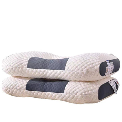 Two Aloha Relax 3D Knitted Cotton Pillow Sleep Aids, designed for ultimate stress relief, are stacked on top of each other. They feature a textured, honeycomb-patterned white cover with dark gray mesh fabric on the sides for breathability. Each pillow has a tag attached to its side, ensuring sleep improvement.