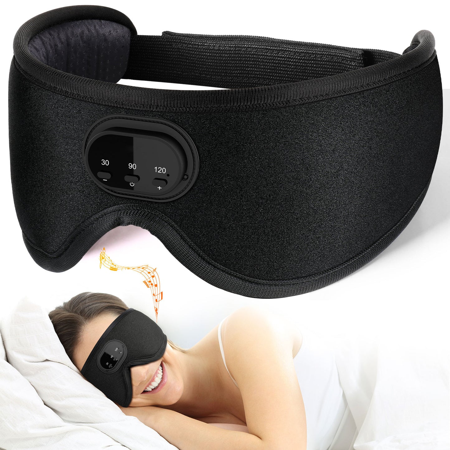 A black 3D Bluetooth Sleep Mask with a breathable design, featuring an adjustable strap and control buttons, is shown. Below it, a person wearing the same mask is lying on a white pillow, smiling and enjoying the stress relief and sleep improvement offered by Aloha Relax.