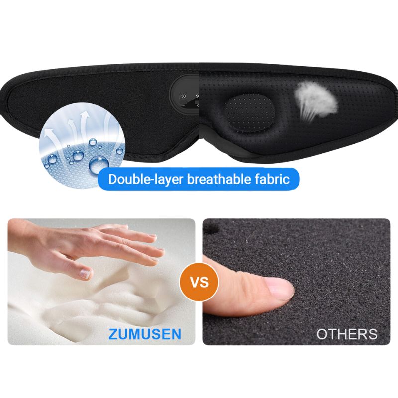 An image displaying a black sleep mask labeled "Double-layer breathable fabric." Below, two comparison photos: left showing a hand pressing into white memory foam marked "ZUMUSEN," and right showing a finger pressing into black material marked "OTHERS." The 3D Bluetooth Sleep Mask With Breathable Intelligence by Aloha Relax ensures a comfortable fit for restful sleep.