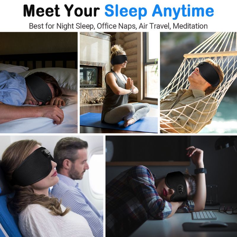 A collage featuring people using the Aloha Relax 3D Bluetooth Sleep Mask With Breathable Intelligence in different scenarios: sleeping in bed, meditating by a window, resting in a hammock, napping on an airplane, and dozing off while working at a desk. The text reads, "Meet Your Sleep Anytime. Best for Night Sleep, Office Naps, Air Travel, Meditation.