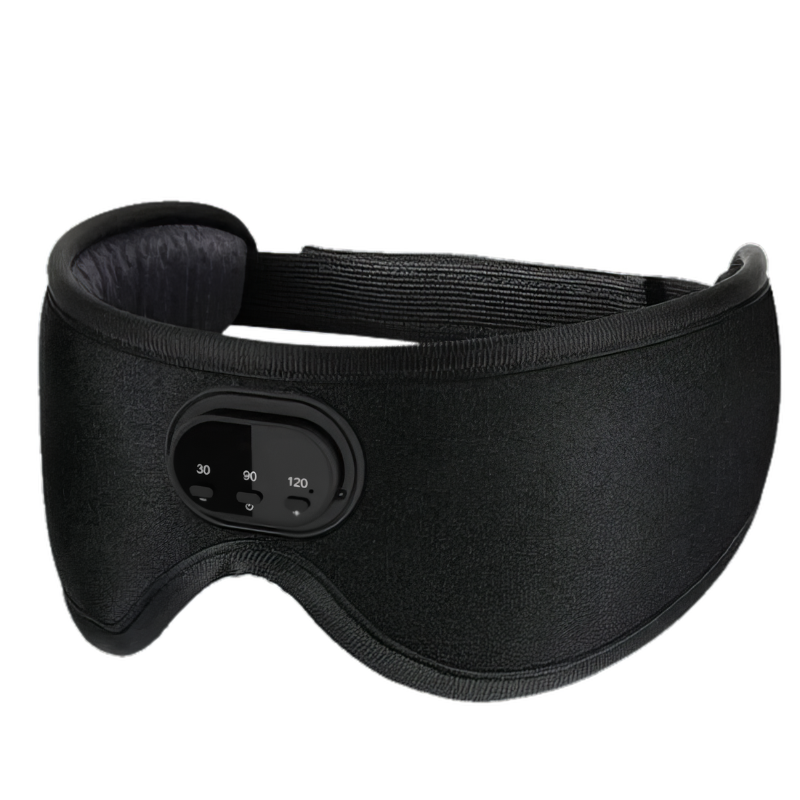 Introducing the 3D Bluetooth Sleep Mask With Breathable Intelligence by Aloha Relax: a sleek black sleep mask featuring an adjustable strap and a front-embedded, user-friendly control panel. This panel offers three timer settings—30, 90, and 120 minutes—allowing you to customize your relaxation time. The padded interior ensures a snug and comfortable fit for restful sleep.