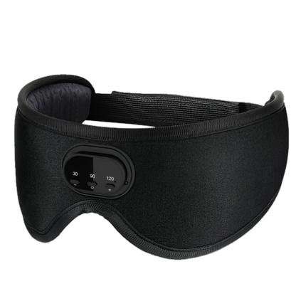 Introducing the 3D Bluetooth Sleep Mask With Breathable Intelligence by Aloha Relax: a sleek black sleep mask featuring an adjustable strap and a front-embedded, user-friendly control panel. This panel offers three timer settings—30, 90, and 120 minutes—allowing you to customize your relaxation time. The padded interior ensures a snug and comfortable fit for restful sleep.