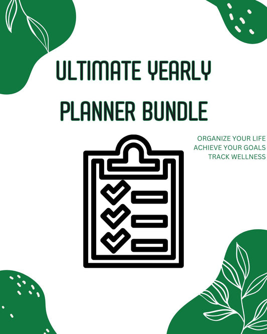 The image shows the cover of a planner bundle with a black clipboard icon featuring checkmarks. The text states "Ultimate Yearly Planner: Organize Your Life, Track Your Wellness, Achieve Your Goals" from Aloha Relax. In the corners, green leaf designs add a touch of nature.